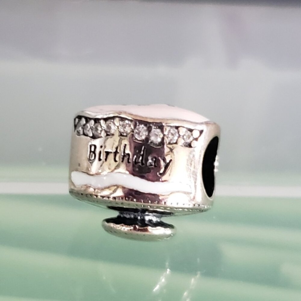 Retired Sterling Silver Happy Birthday Cake with Mixed Enamel and Clear Zirconia - Picture 4 of 8